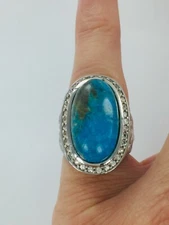 Genuine 10 CT Kingman Turquoise & White Zircon Silver Statement Ring Size 4.25