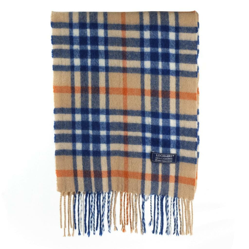 VTG LOCHMERE Scarf 100% Cashmere Plaid Fringed Unisex Beige / Blue