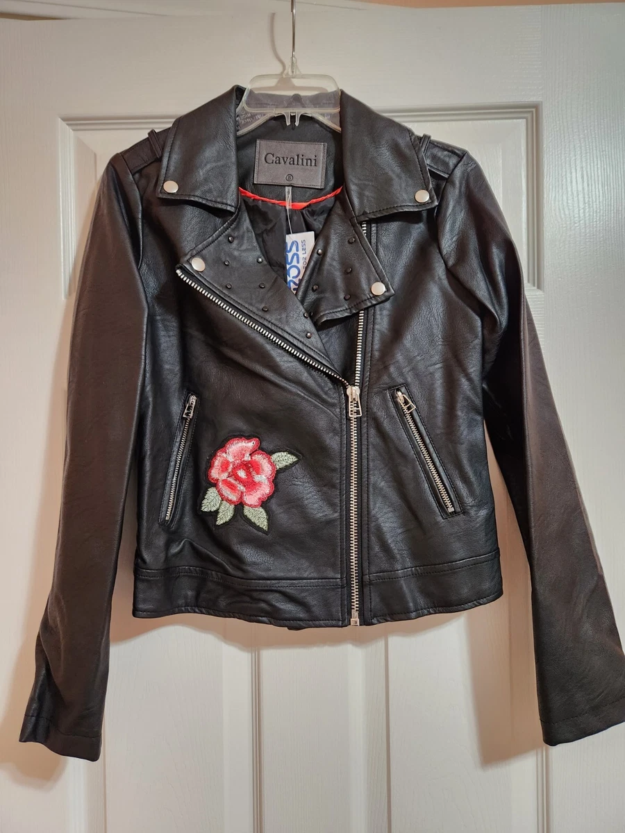 NWT Cavalini Black Pleather Moto Jacket Embroidery Studs Zippers