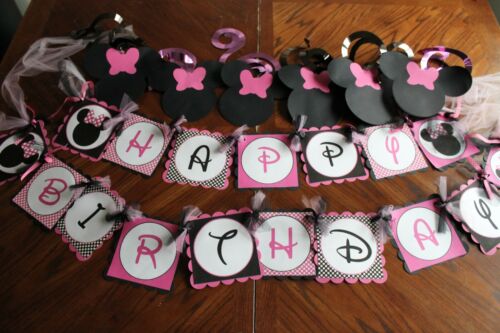 Minnie Mouse "Happy Birthday" Banner Decorations Handmade Pink Black