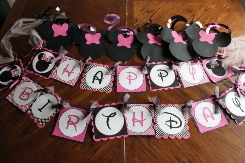 Minnie Mouse "Happy Birthday" Banner Decorations Handmade Pink Black