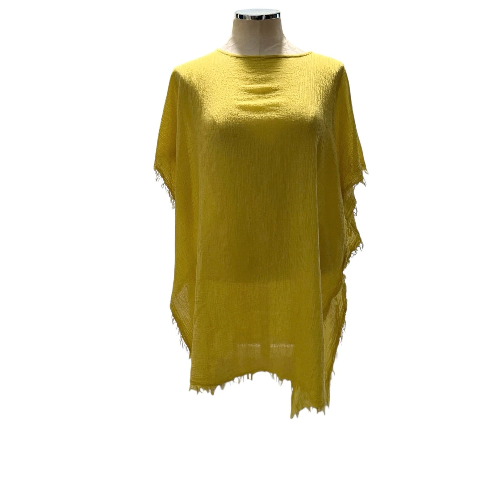 Eileen Fisher Yarow Lightweight Organic Cotton Poncho Yellow Frayed Edges OS
