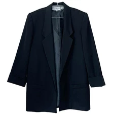 Vtg Nordstrom POV 100% Wool Open Front Oversized Long Blazer Jacket Black Size 8