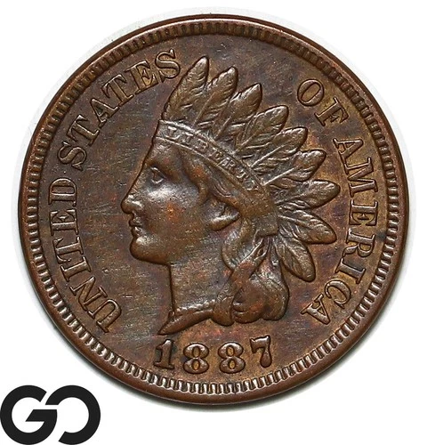 1887 Indian Head Cent Penny, Choice AU++
