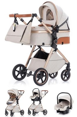 Gcarebb 3 in 1 Kinderwagen Reise Buggy inkl. Auto Babyschale Weiß Beige NEU OVP