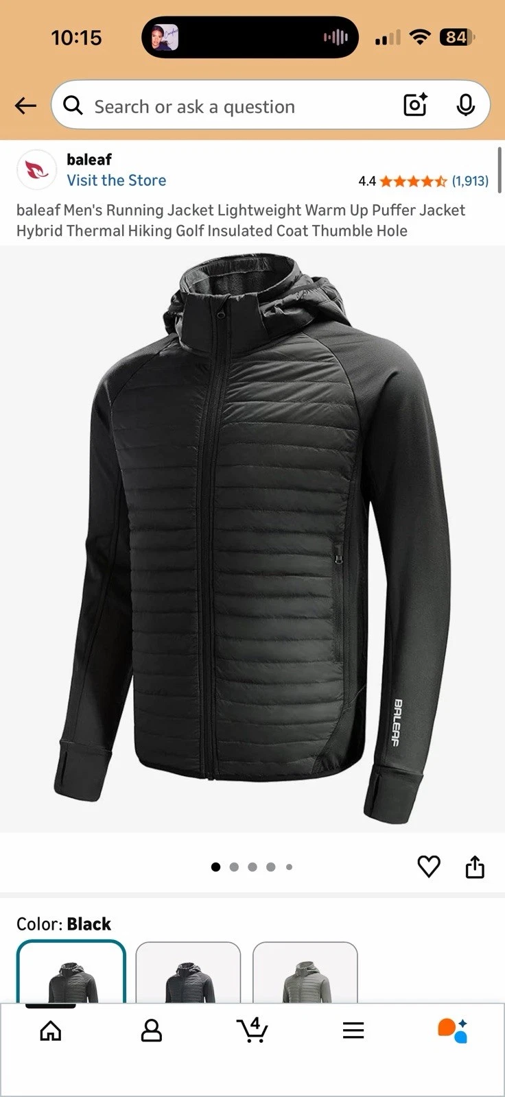 Baleaf Men's Black Puffer Jacket Detachable Hood Hybrid Thermal Insulated Size L