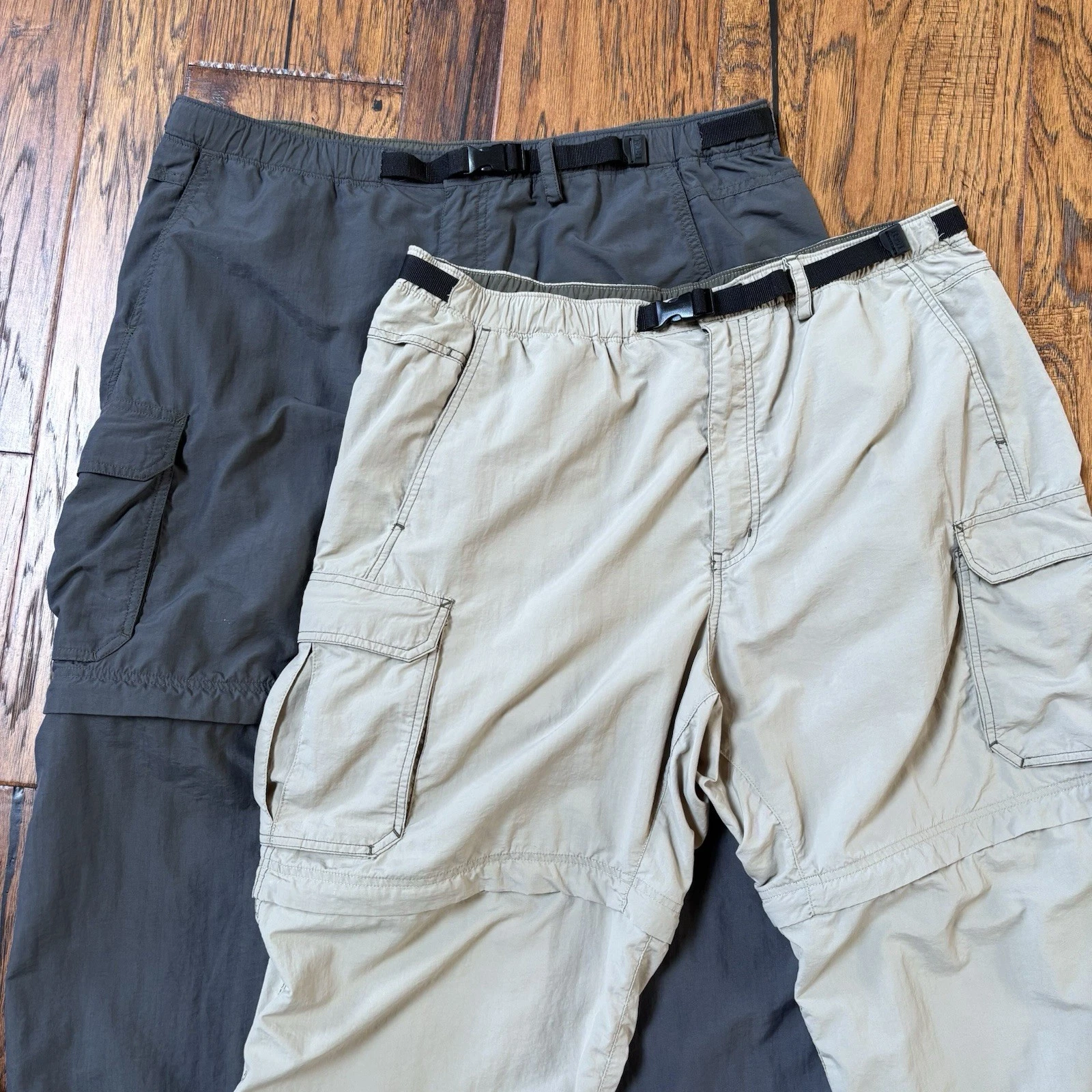 Set 2 REI Pants Mens XL X 30 Gray Tan Convertible Zip Off Cargo Hiking Belt