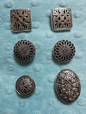 Vintage Button Covers, Mixed Pattern, Silver Tone, Set Of 6 Southwest 