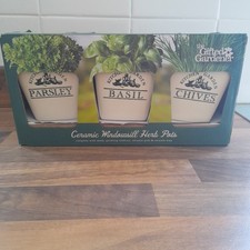 Ceramic Herb Pots Planter Kitchen Window Sill Set 3 Pots Tray Garden Basil Chive