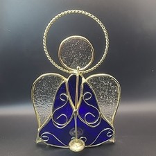 Stained Glass Angel Horn Trumpet Tealight Votive Candle Holder Blue  Gold Tone
