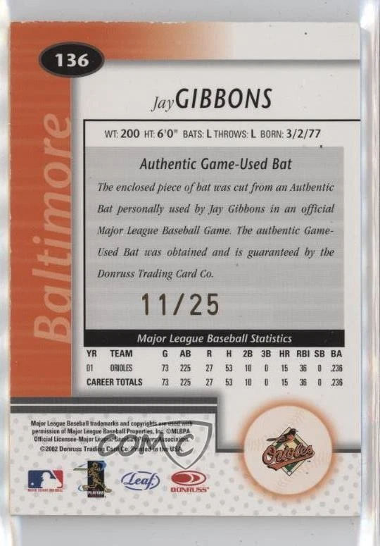 2002 Leaf Certified Mirror Gold Materials /25 Jay Gibbons #136 - Image 2 of 2