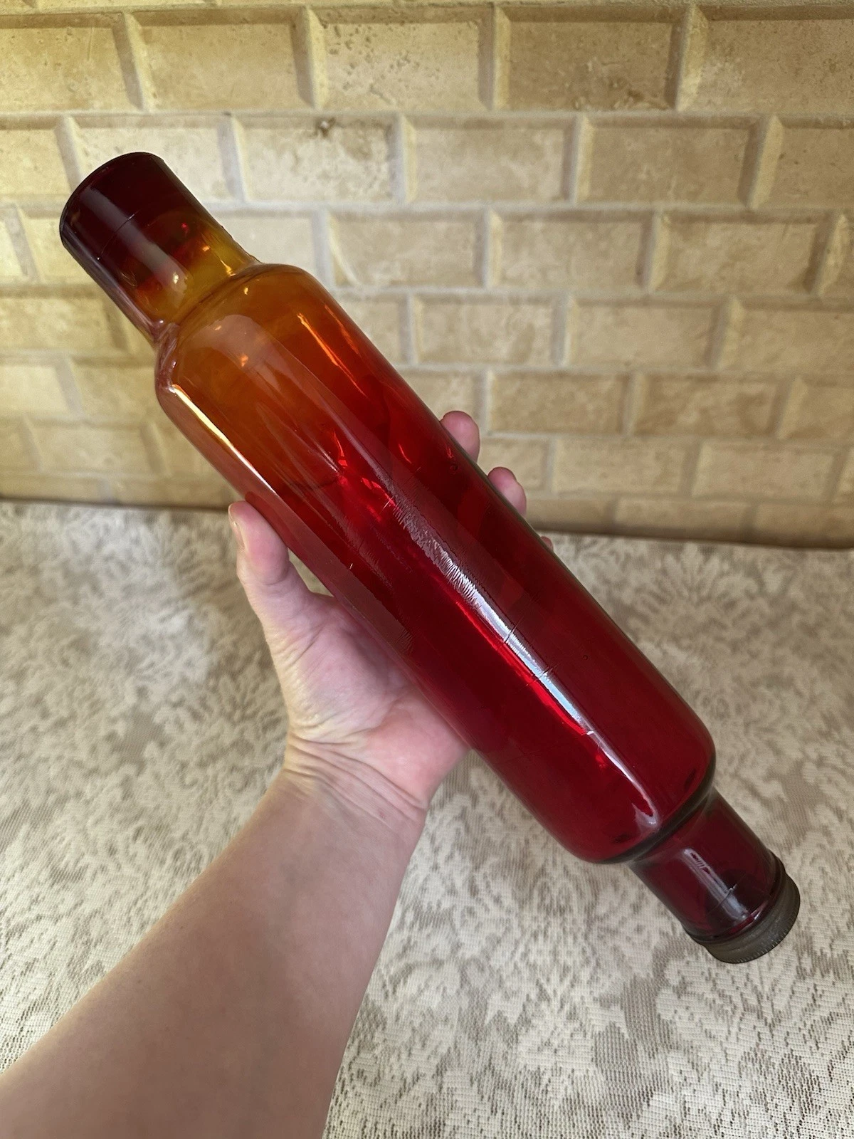Antique Amberina Glass Rolling Pin 1800s Blown Mold Original Caps Cadmium Glow