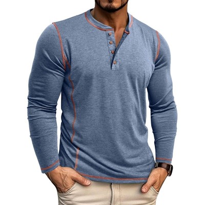Men's Solid Color Long Sleeved T-shirt Autumn Mens Henley Shirt Four Button Tops