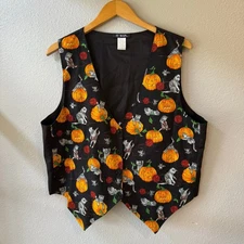 Vintage Women's Halloween Cat Pumpkin Tie Back Novelty Vest 