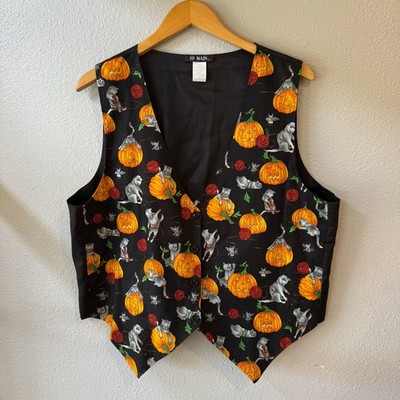111 Main Halloween Kitten Pumpkin Vest Women 1X Black Jack-O-Lantern Novelty