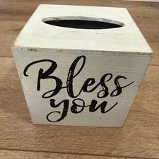 Bless You Tissue Box Cover White Wooden Farmhouse Style Home Decor
