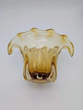 Vintage Murano Style Art Glass Vase Yellow Amber Waterfall Tulip Centerpiece