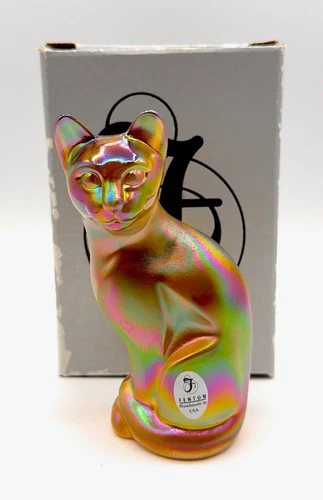 Fenton Iridescent Carnival Amber Autumn Gold Orange Stylized Cat Figurine 5”