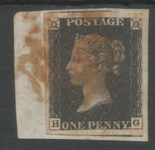 GB  QV 1840 Penny Black , (HG) , FINE USED on piece .Brownish  RED Maltese Cross