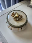 Vintage Matson K831G Dogwood Gold Plated Ormolu Bird China Puff Jar Milk Glass