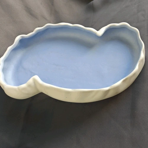 Vintage Haeger Art Pottery Satin White Powder Blue Biomorphic Cloud Low Bowl MCM