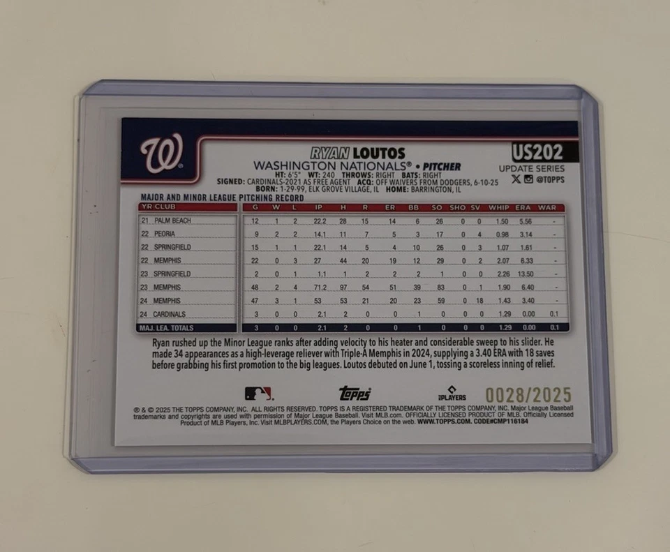 2025 Topps Update Series Ryan Loutos RC Gold /2025 SSP - Image 2 of 2