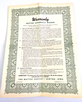 #ad Vintage MAYTAG Automatic Washer WARRANTY Paper $8.95