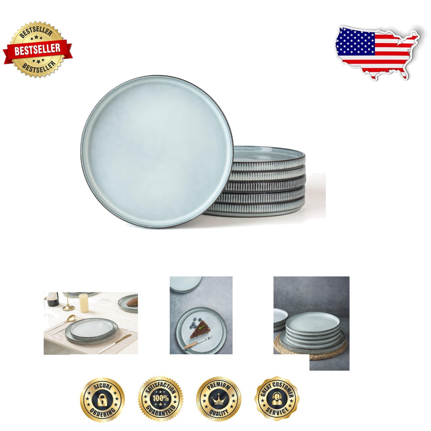 Elegant Smoky Blue Stoneware Salad Plates Set for 6 - 8 Inch Handcrafted Design