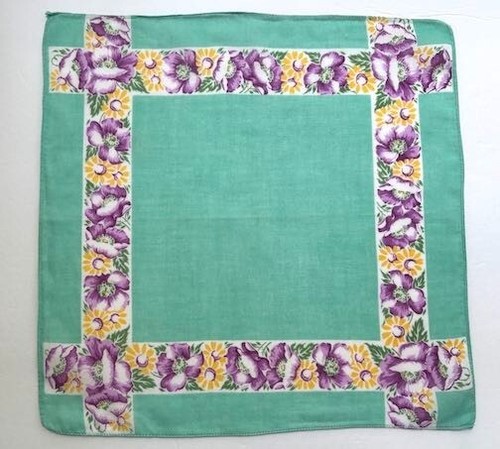 VINTAGE HANKY SWEET COTTON FLORAL GEOMETRIC AQUA GREEN PURPLE FLORAL 1950s