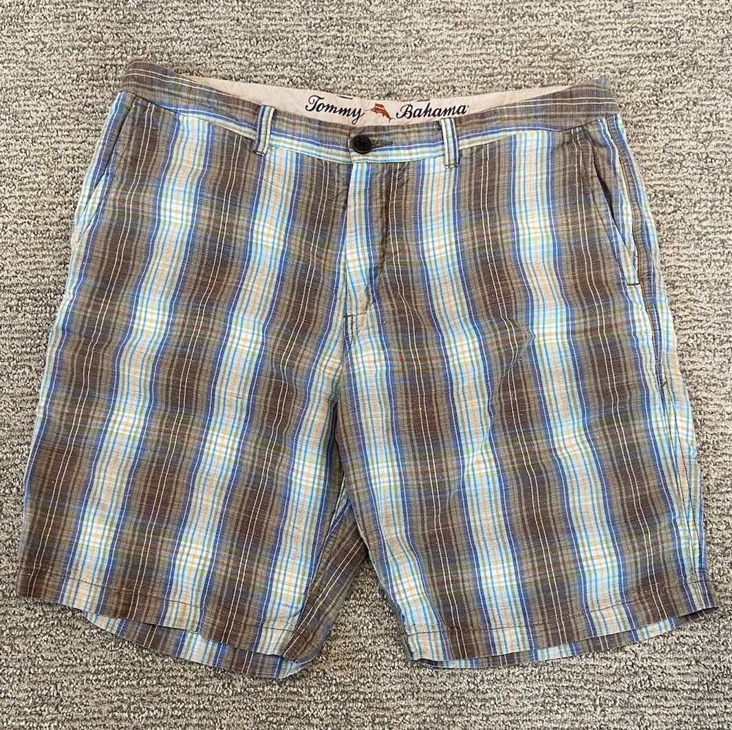 Tommy Bahama Linen Blend Blue/Tan Plaid Golf Travel Chino Shorts Men's Size 35