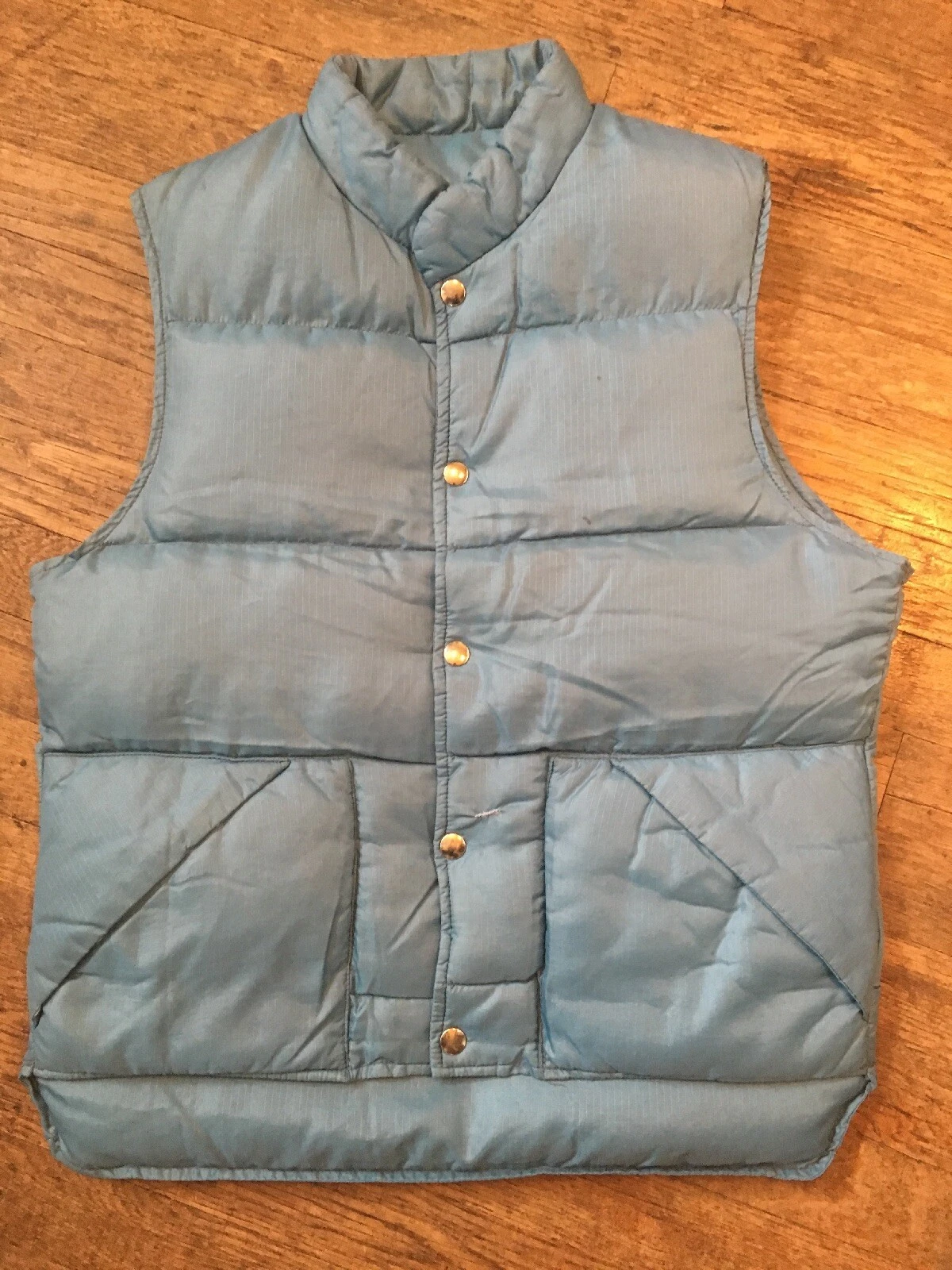 Vtg 70s 80s Blue Nylon Down Puffy Vest Mens M Ski Hiking Camping Hunting Snap Up
