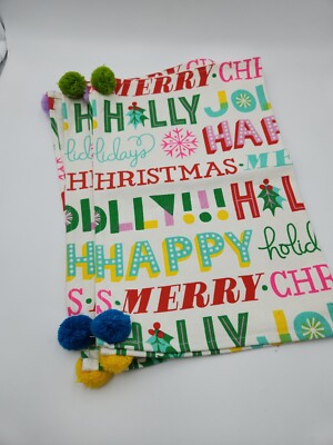 Christmas Cloth Placemats Set of 2 Cotton 14 x 18'' White & Multicolor Pom Pons
