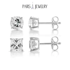 18k White Gold 2 Pair Moissanite Round & Princess Cut Stud Earrings Plated 4mm