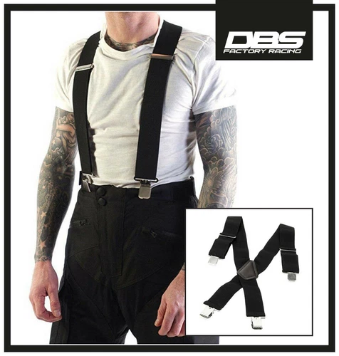 HEAVY DUTY CLIP ON MOTORCYCLE ELASTICATED RIDER BRACES MOTORBIKE TROUSER BLACK