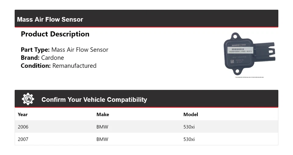 Sensor de flujo de aire másico Cardone para BMW 530xi 2006-2007 Foto 2 de 4