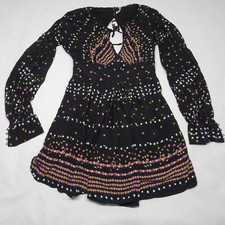Free People Size 6 Coryn Boho Long Sleeve Printed Mini Dress BlackFestival
