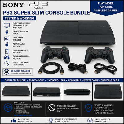 Sony PlayStation 3 PS3 Super Slim Console Bundle 2 Wireless Controllers - Tested