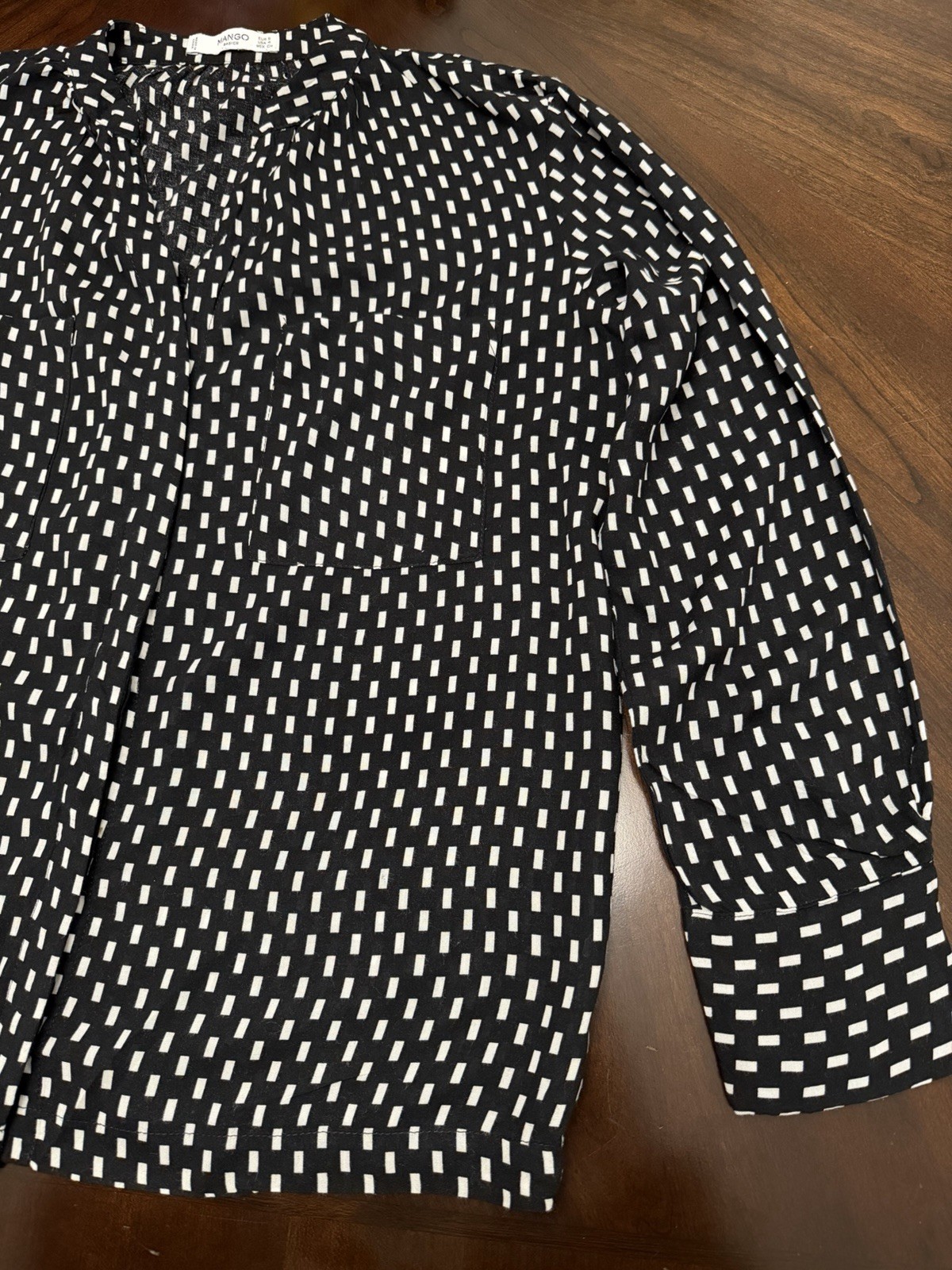 MANGO Geometric Black White Split Neck Button Lon… - image 2