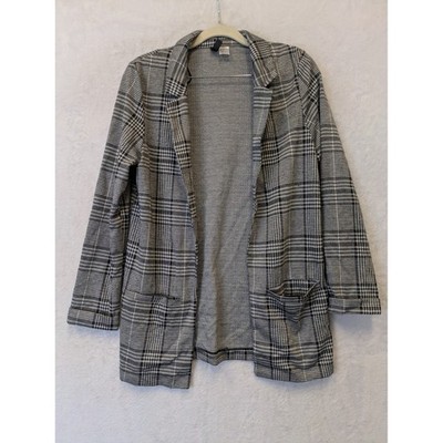 Divided H&M Plaid Blazer Jacket Black White Womens XS Open Front Pockets