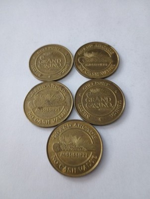 5 GRAND CASINOS MS. ARCADE LOGO TOKENS GREAT FOR ANY VINTAGE COLLECTION!