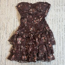 Windsor Floral Lace Corset Mini Dress S Brown Ruffle Bustier Whimsigoth Fairy