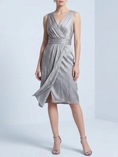 Suzi Chin for Maggy Boutique Taupe Crinkle Metallic V-Neck Cocktail Dress