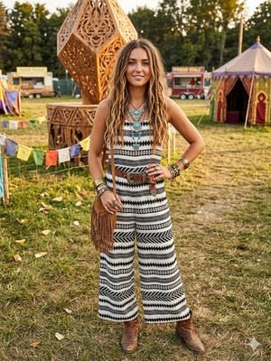  Emery Rose Geometric Tribal Print Wide Leg Jumpsuit L/XL 