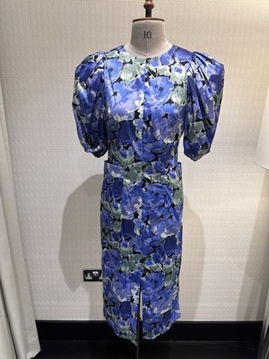 Rotate Floral Print Puff Sleeve Dress In Blue Size 10UK