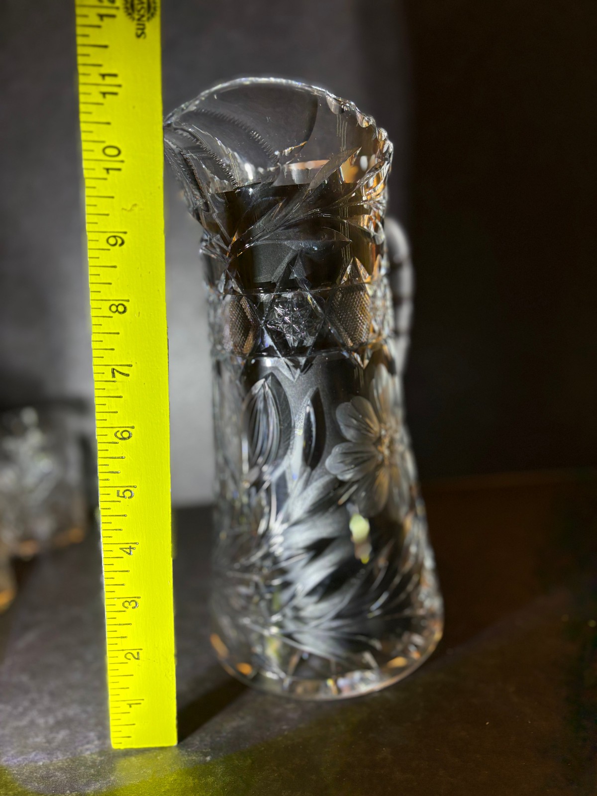 ABP, Cut Crystal, Etched Pitcher with SIX Matching Tumblers, FLORAL