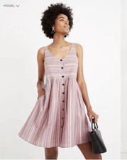 Madewell Scoop Neck Tank Mini Dress Rainbow Stripe M Pockets Button Front Lined