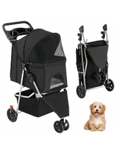 3-Wheel Pet Stroller for Small Dogs & Cats Foldable Travel Carrier Black
