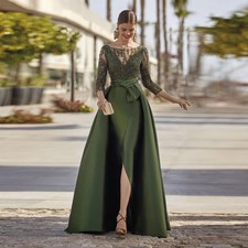 Elegant Olive Prom Dresses Boat Neck Lace Appliques Pleat Mermaid Formal Gowns
