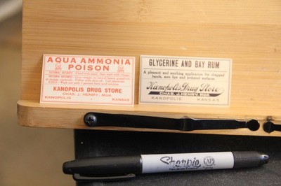 Kanopolis Kansas KS Drug Store Vintage Labels unsure of age
