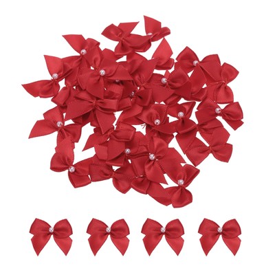 40Pcs Mini Red Ribbon Bow with Pearl 1'' Ribbon Flowers Applique
